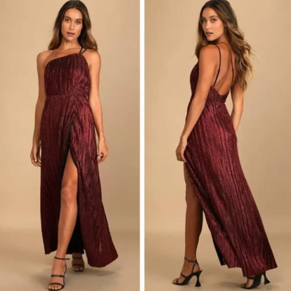 NEW! Lulu's Burgundy One-Shoulder Metallic Maxi Dress